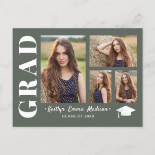 4 Photo Collage Modern Script Sage Green Grad Postcard