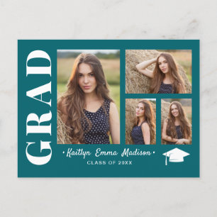 4 Photo Collage Modern Script Teal Grad Postcard