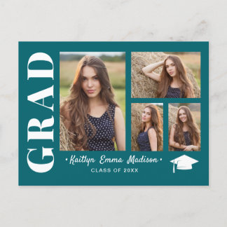 4 Photo Collage Modern Script Teal Grad Postcard