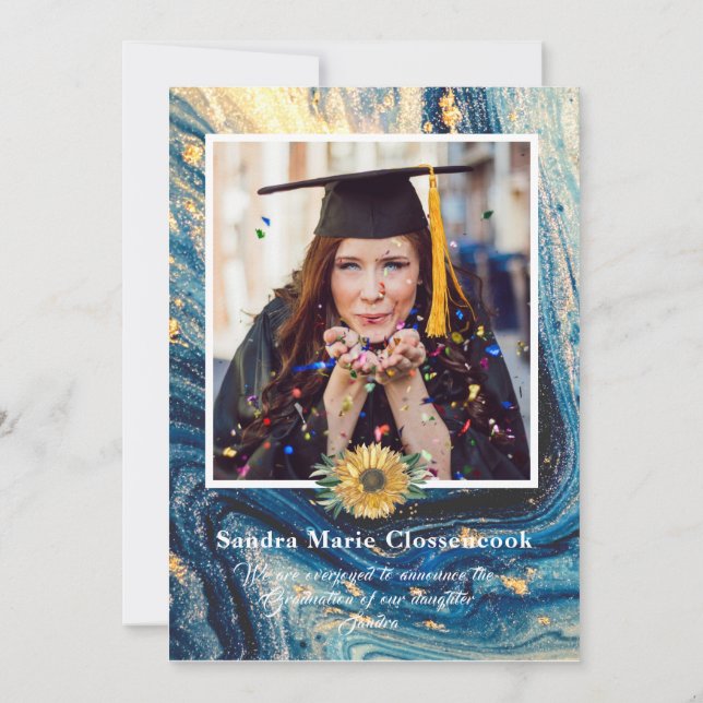 4 Photo Collage Navy Blue Sunflower graduation Announcement (Back)
