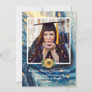 4 Photo Collage Navy Blue Sunflower graduation Announcement