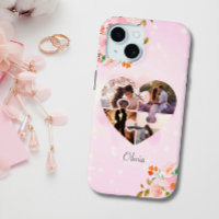 4 Photo Collage Pink Floral Puzzle Heart Custom