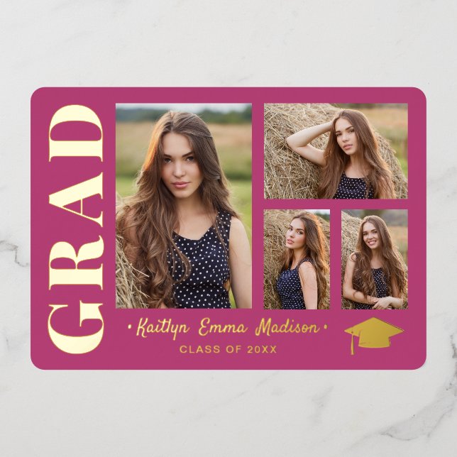 4 Photo Collage Pink & Gold Foil Grad Card (Front)