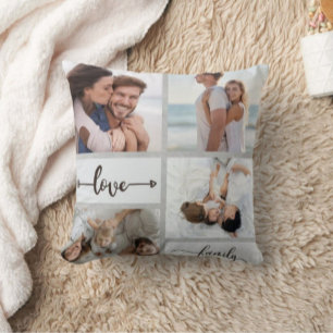 4 Photo Collage Print Modern White Pillow