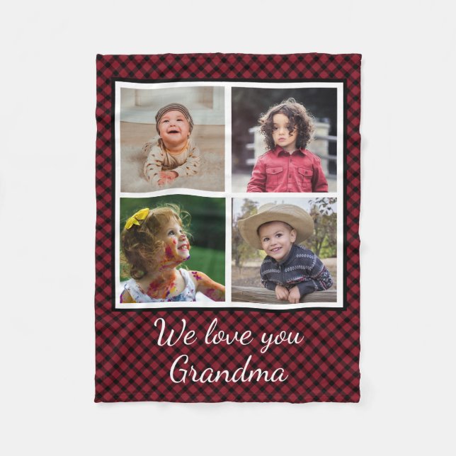 4 Photo Collage Red Buffalo Plaid Grandma Fleece Blanket (Front)