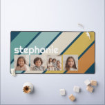 4 Photo Collage Retro Stripe - blue and gold Desk Mat<br><div class="desc">This fun photo montage includes a place for 4 pictures. The grid includes a square shaped photo collage with plenty of room to add your favourite party pics. The retro stripe pattern in muted sunset colours adds a bit of whimsy to the design. Square photos work best with this template....</div>