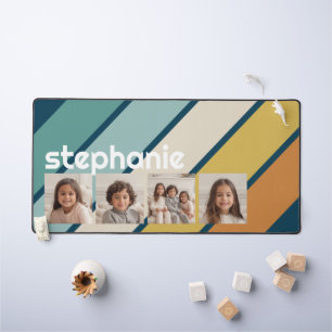 4 Photo Collage Retro Stripe - blue and gold Desk Mat
