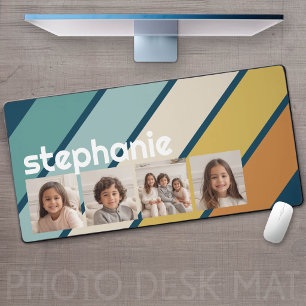 4 Photo Collage Retro Stripe - blue and gold Desk Mat