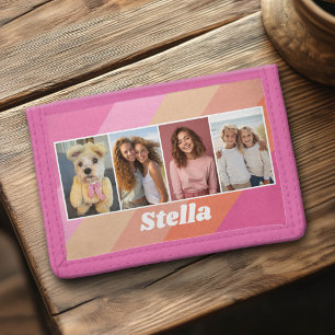 4 Photo Collage - Retro Stripes - chunky name Trifold Wallet