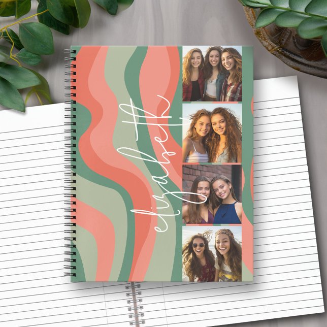 4 Photo Collage - retro waves - huge name Notebook (Personalized Notebook with Custom Text and Photos)