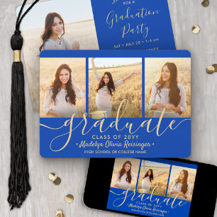 4 Photo Collage Royal Blue & Gold Graduation Party Invitation