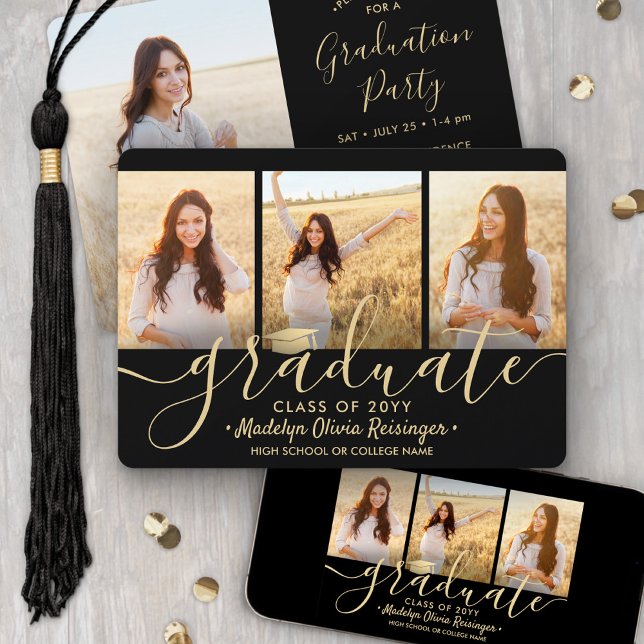 4 Photo Collage Script Black Gold Graduation Party Invitation (Creator Uploaded)