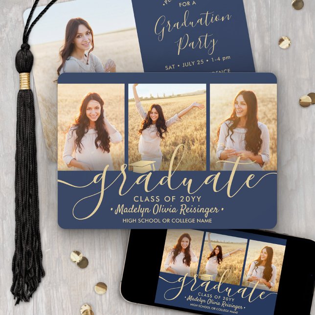 4 Photo Collage Script Navy Gold Graduation Party Invitation (Creator Uploaded)