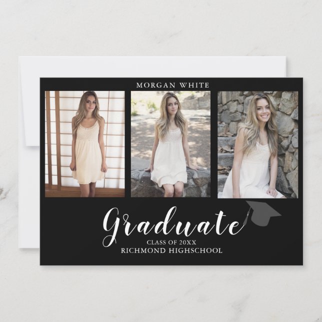 4 Photo Collage Simple Modern Black Graduation  Announcement (Front)
