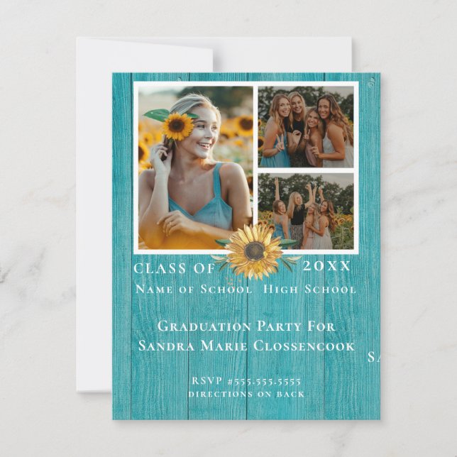 4 Photo collage Sunflower Yellow graduation Party Announcement (Front)
