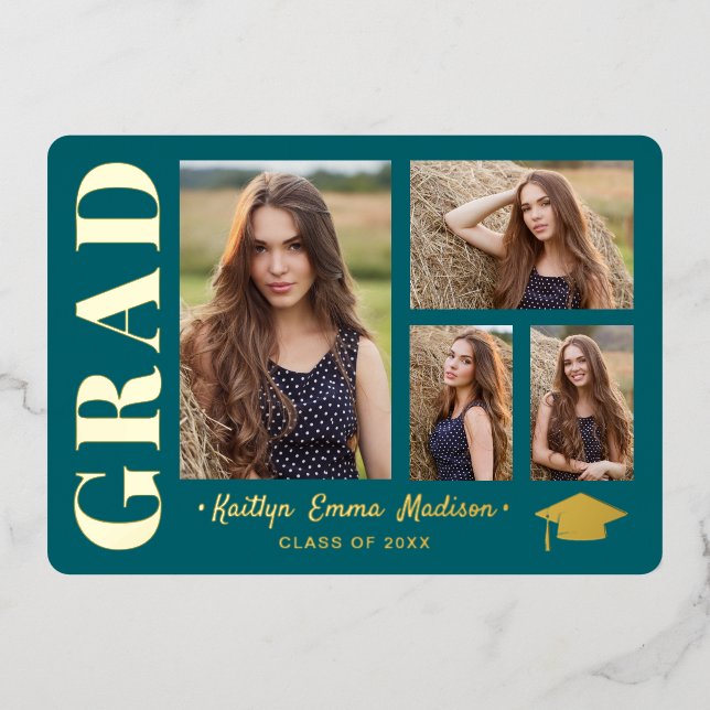 4 Photo Collage Teal & Gold Foil Grad Card (Front)