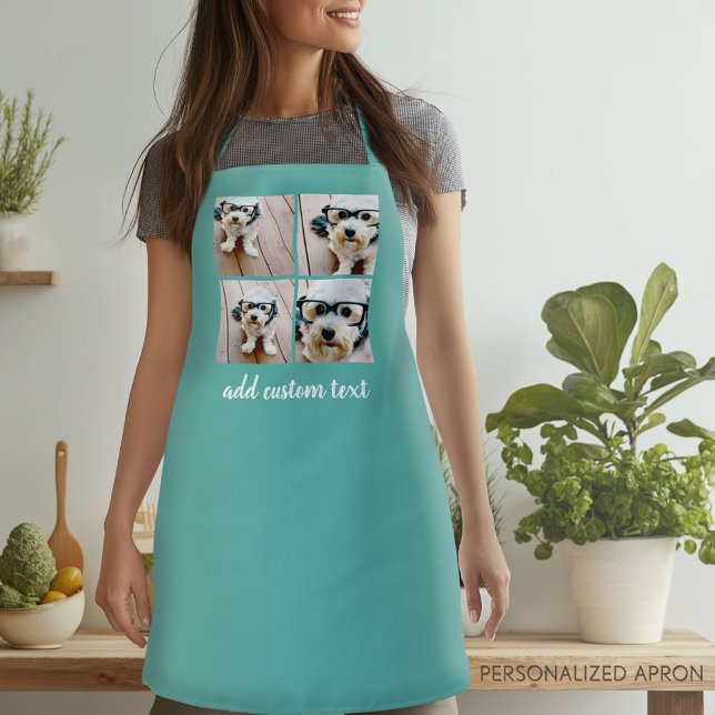 4 Photo Collage - teal with handwritten font text Apron (Personalized Apron)