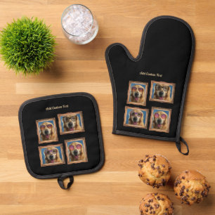 4 Photo Collage Vintage Frame Dogs Pets Family Oven Mitt & Pot Holder Set
