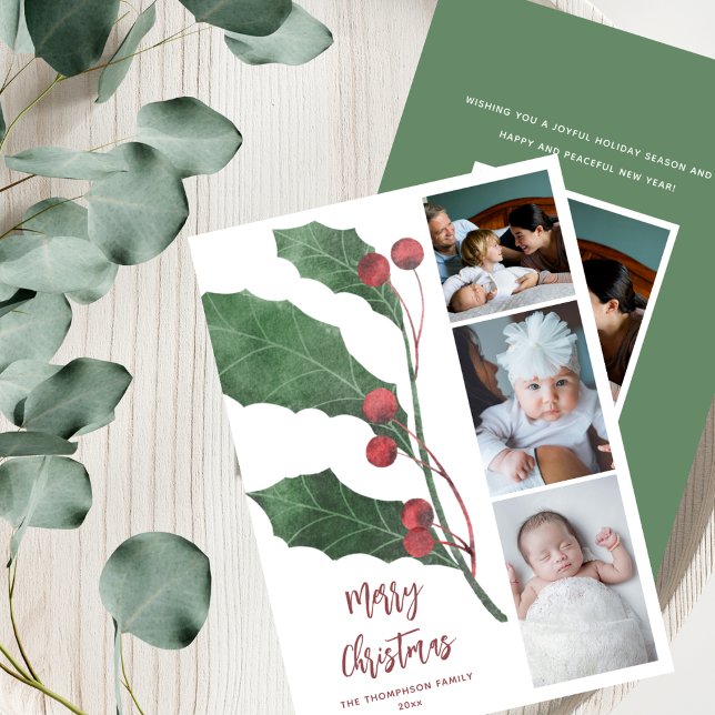 4 Photo Collage Watercolor Holly Elegant Christmas Holiday Card (Creator Uploaded)