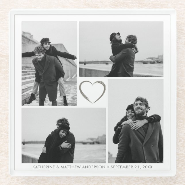 4 Photo Collage Wedding Anniversary Name & Date Glass Coaster (Front)