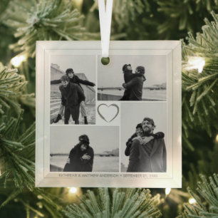 4 Photo Collage Wedding Anniversary Name & Date Glass Tree Decoration
