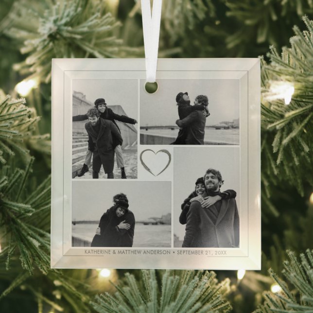 4 Photo Collage Wedding Anniversary Name & Date Glass Tree Decoration (Insitu)