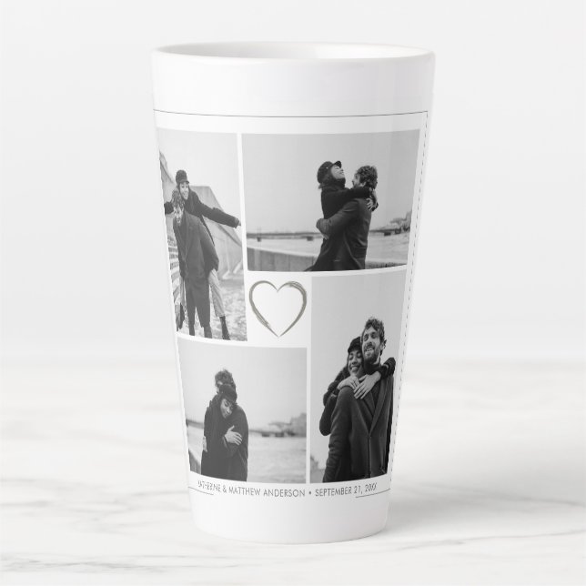 4 Photo Collage Wedding Anniversary Name & Date Latte Mug (Front)