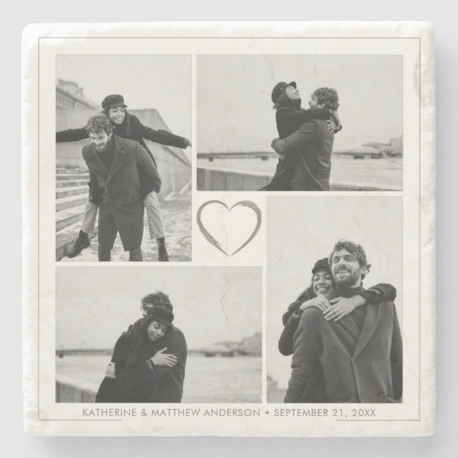 4 Photo Collage Wedding Anniversary Name & Date Stone Coaster (Front)