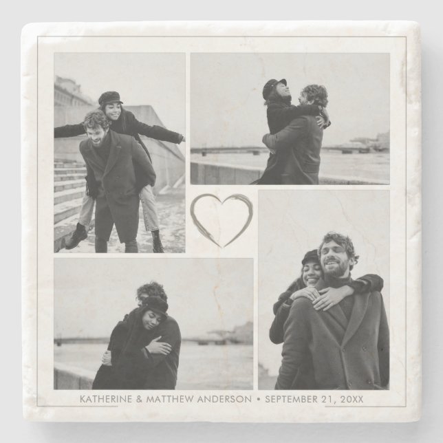 4 Photo Collage Wedding Anniversary Name & Date Stone Coaster (Front)