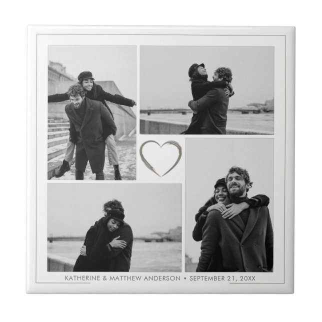 4 Photo Collage Wedding Anniversary Name & Date Tile (Front)