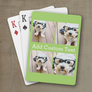 4 Photo Collage - White Serif Text - Lime Green Playing Cards
