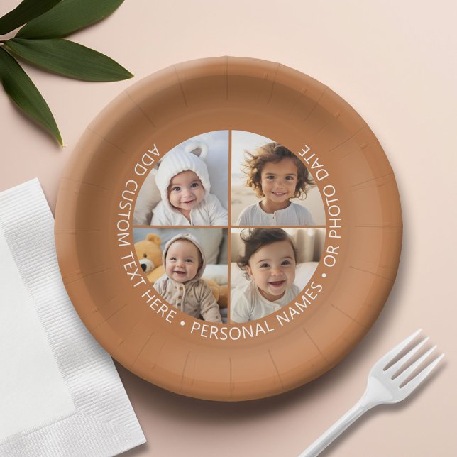 4 Photo Collage with Curvature Custom Text Around Paper Plate (Custom Paper Plate)