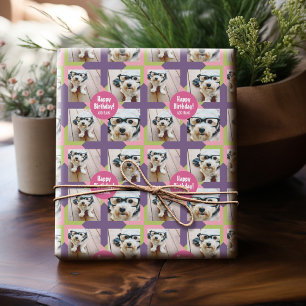 4 Photo Collage with Custom Happy Birthday Name Wrapping Paper
