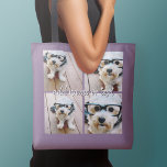 4 Photo Collage with handwritten name - purple Crossbody Bag<br><div class="desc">Use four square photos to create a unique and personal gift. Or you can keep the hipster puppy and make a trendy keepsake. If you need to adjust the pictures,  click on the customise tool to make changes.</div>