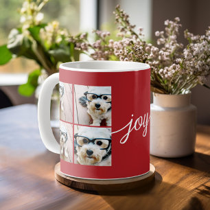 4 Photo Collage with Holiday Joy Red Coffee Mug