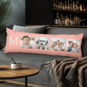 4 Photo Collage with Monogram Initial - Coral Body Cushion