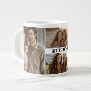 4 Photo Collage with One Line of Text - Minimal Large Coffee Mug
