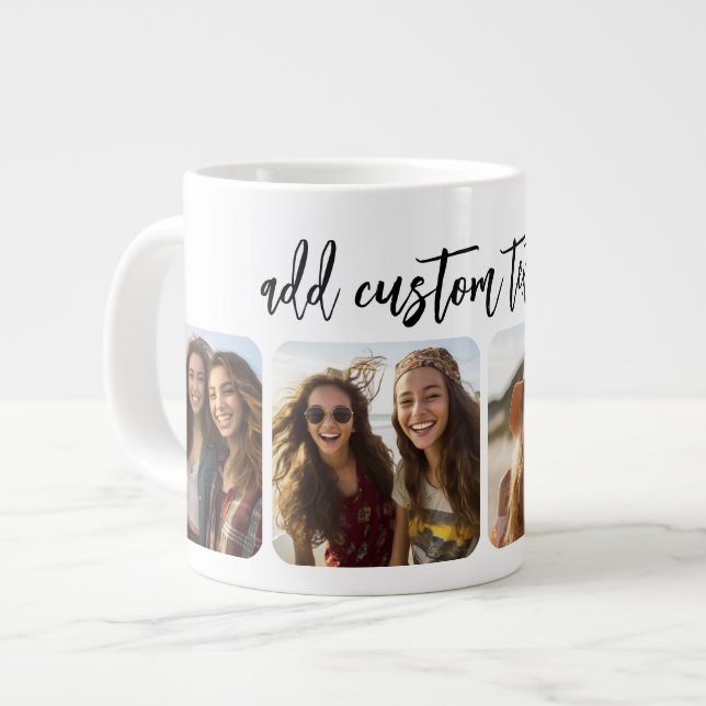 4 Photo Collage with trendy bounce script - white Large Coffee Mug (Front Left)
