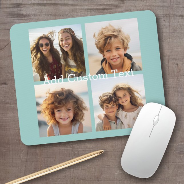 4 Photo Collage - you can change background blue Mouse Mat (Personalized mousepad - add your photos and custom text)