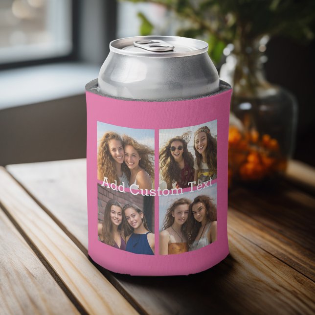 4 Photo Collage - you can change background colour Can Cooler (Personalized can cooler with 4 photos and custom text)