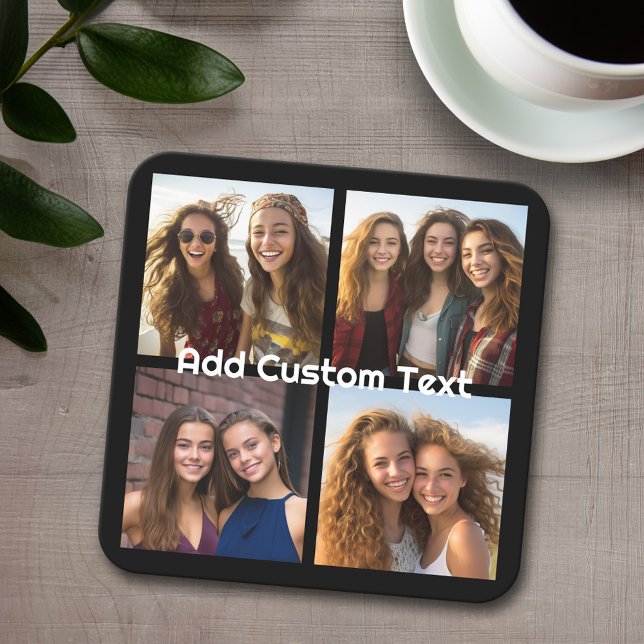 4 Photo Collage - you can change background colour Square Paper Coaster (Personalized coaster with 4 photos and text)