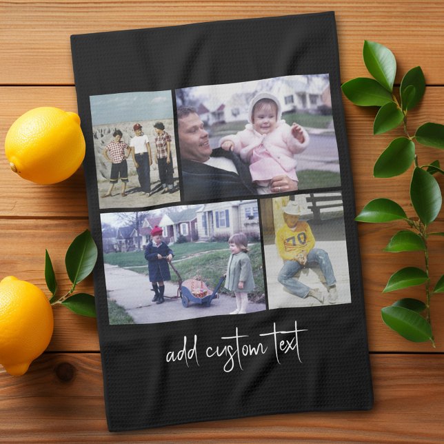 4 Photo Collage - you can change background colour Tea Towel (Personalized Kitchen Towel with photos and text - Makes a great gift)