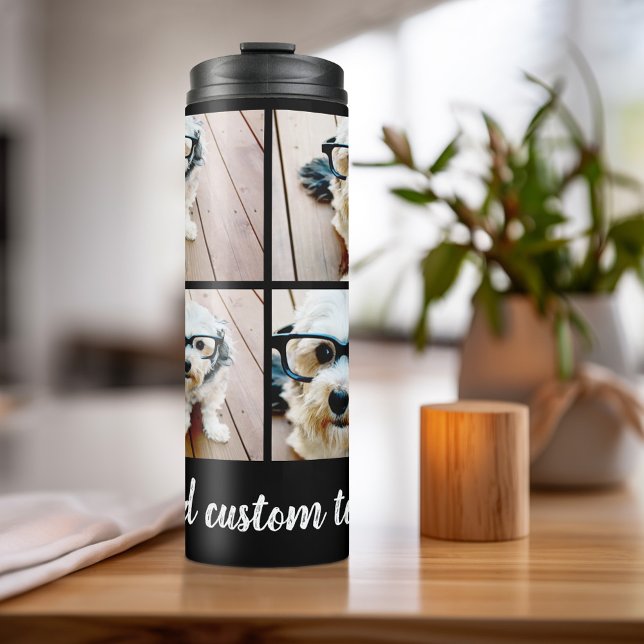 4 Photo Collage - you can change background colour Thermal Tumbler (Personalized bottle with photos and text)