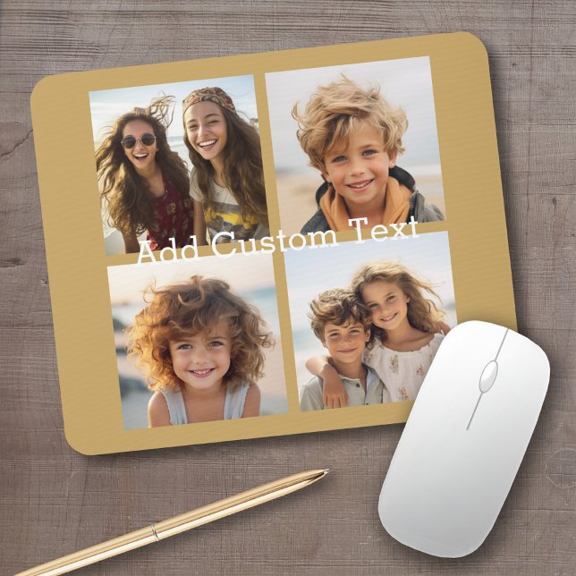 4 Photo Collage - you can change background gold Mouse Mat (Personalized mousepad - add your photos and custom text)