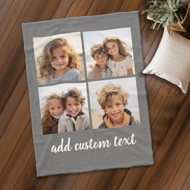 4 Photo Collage - you can change grey colour Fleece Blanket (Personalized fleece blanket with 4 photos and custom text)
