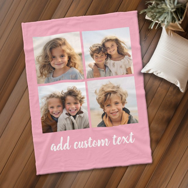 4 Photo Collage - you can change pink colour Fleece Blanket (Personalized fleece blanket with 4 photos and custom text)