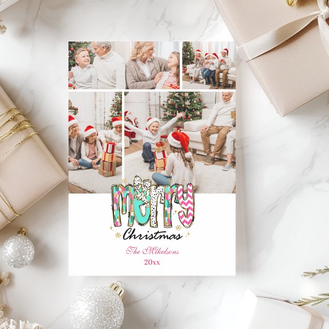 4 Photo Colourful Retro Merry Christmas Holiday Card (Creator Uploaded)
