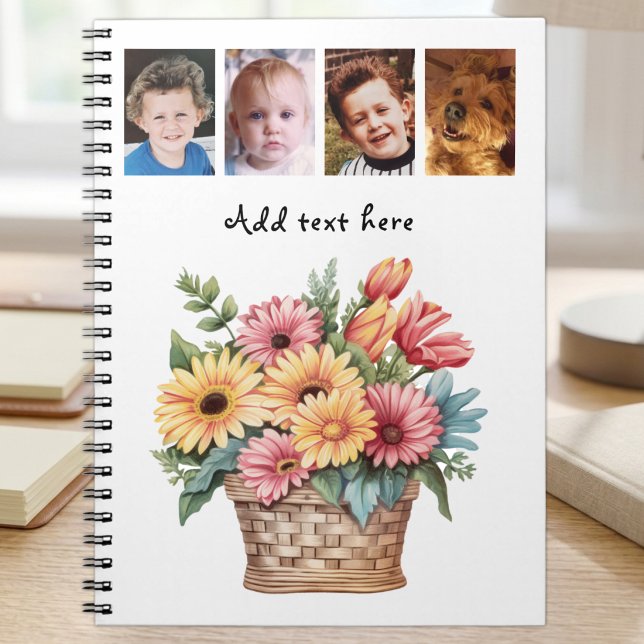 4 photo custom text gerbera flowers white notebook (Creator Uploaded)