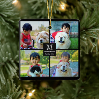 4 Photo Customized Collage with Monogram Ceramic Ornament