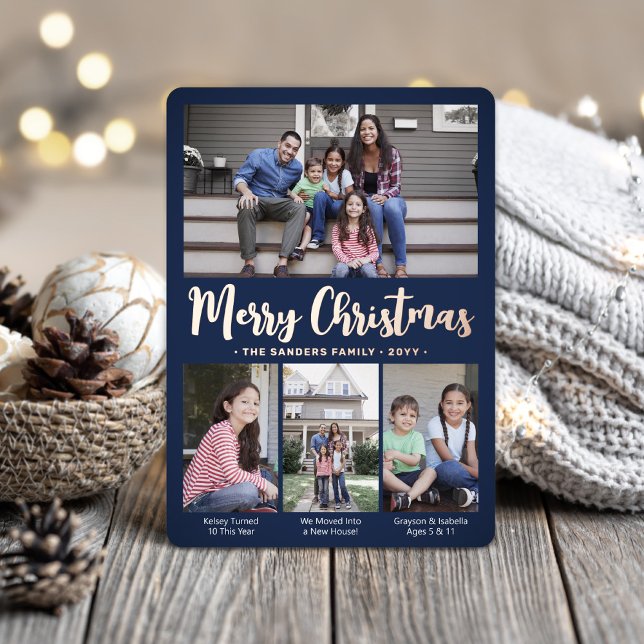 4 Photo Dark Green Merry Christmas Modern Script Foil Holiday Card (Creator Uploaded)